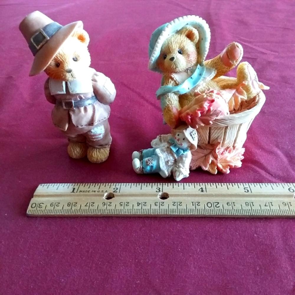 Cherished Teddies Lot of 2 Vintage Autumn Figurines Jedediah Pat Thanksgiving